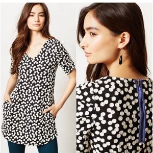 Anthropologie‎ Deletra Black and White Polka Dot Ruched Sleeve Tunic/Mini Size L